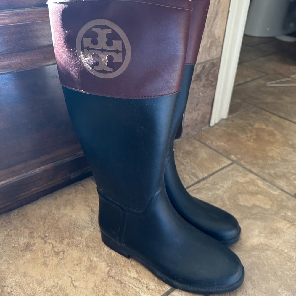Tory Burch Black and Brown Logo Rain Boots